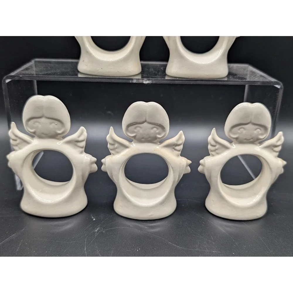 5 Set Vintage Hand Painted Ceramic Angel Napkin Ring Holder Glossy Christmas 80s